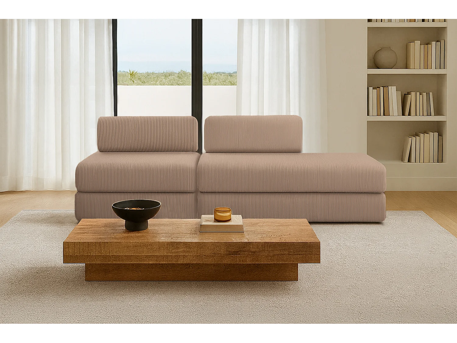 Canapé droit modulable et convertible 3 places - Velours côtelé - Taupe