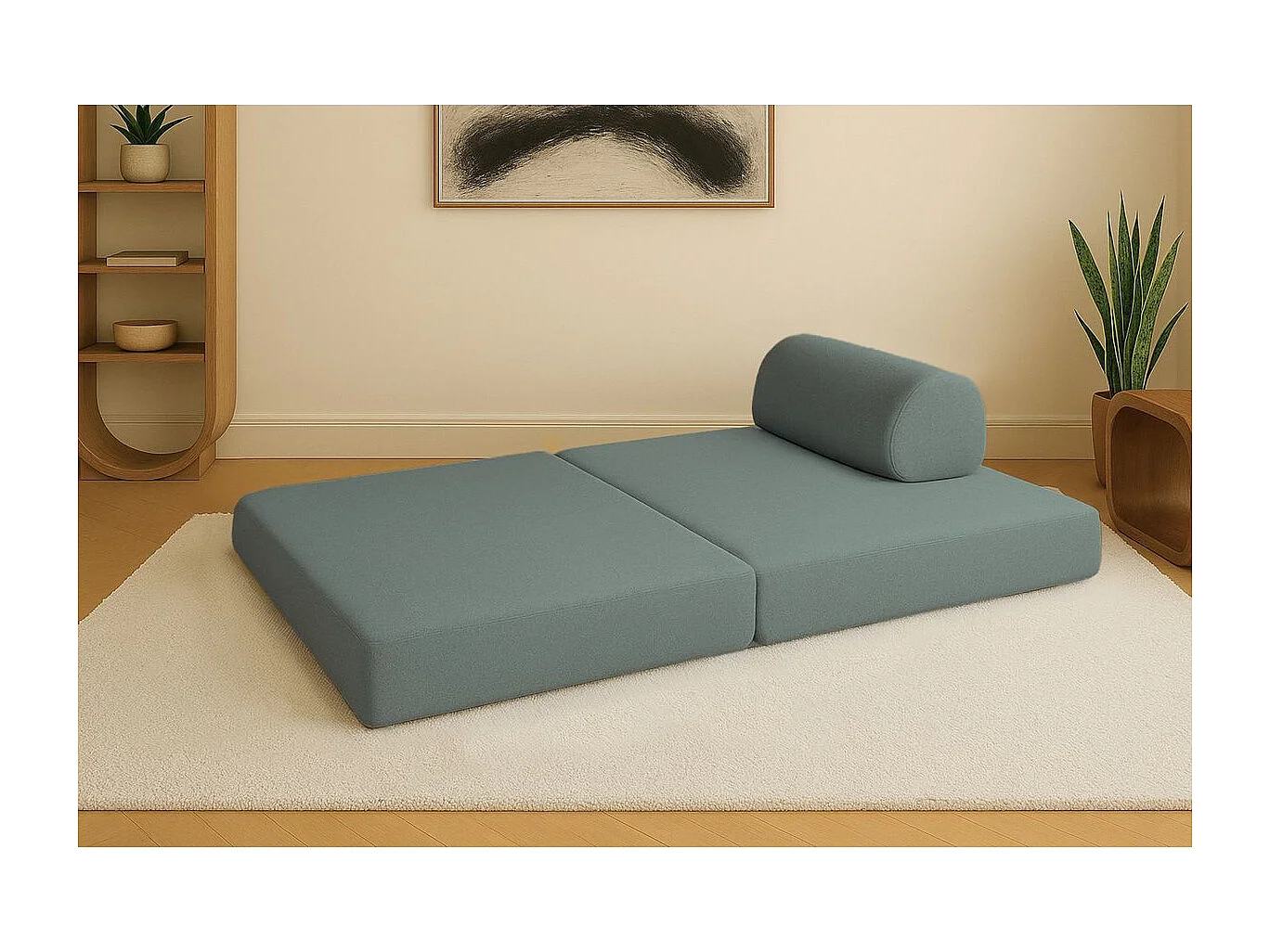 Canapé droit modulable et convertible 2 places - Tissu lisse - Bleu vert