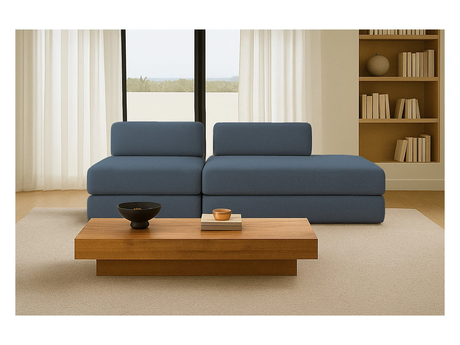 Canapé droit modulable et convertible 3 places - Tissu lisse - Bleu