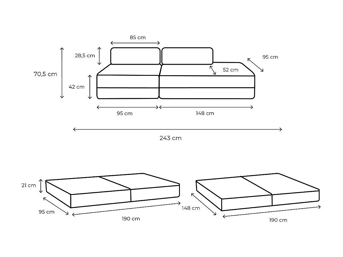 Canapé droit modulable et convertible 3 places - Tissu lisse - Bleu