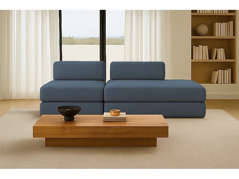 Canapé droit modulable et convertible 3 places - Tissu lisse - Bleu