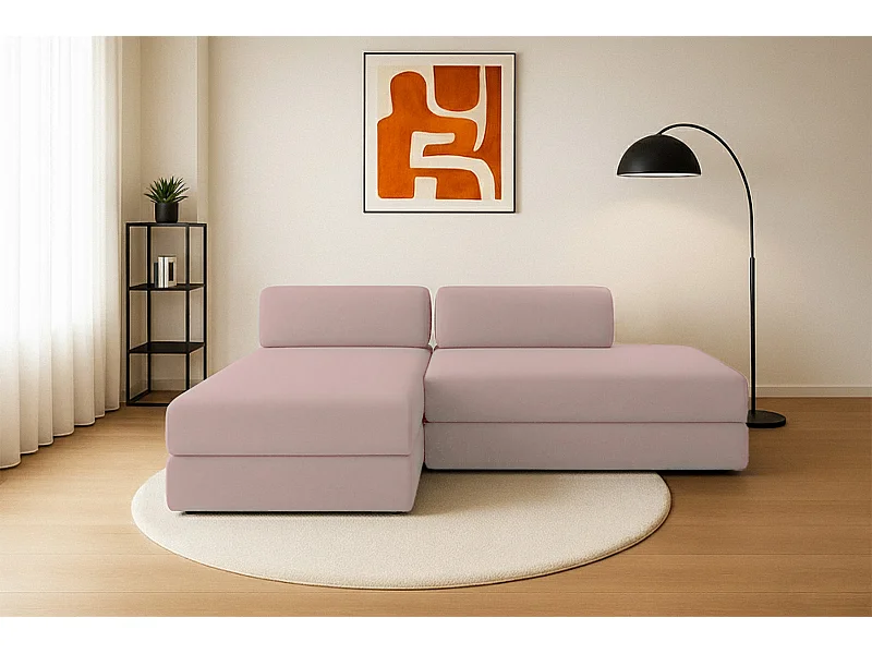 Canapé d'angle modulable et convertible 5 places - Tissu lisse - Rose