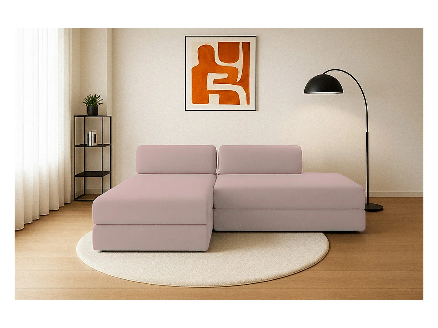 Canapé d'angle modulable et convertible 5 places - Tissu lisse - Rose