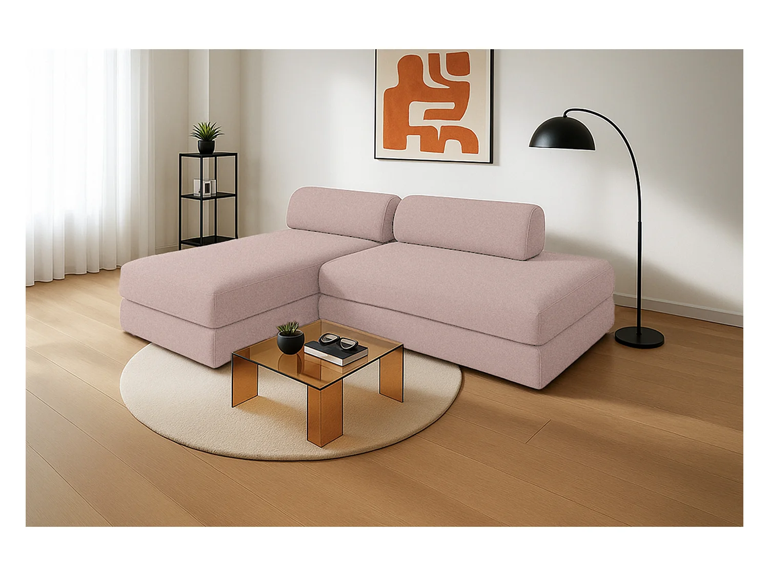 Canapé d'angle modulable et convertible 5 places - Tissu lisse - Rose