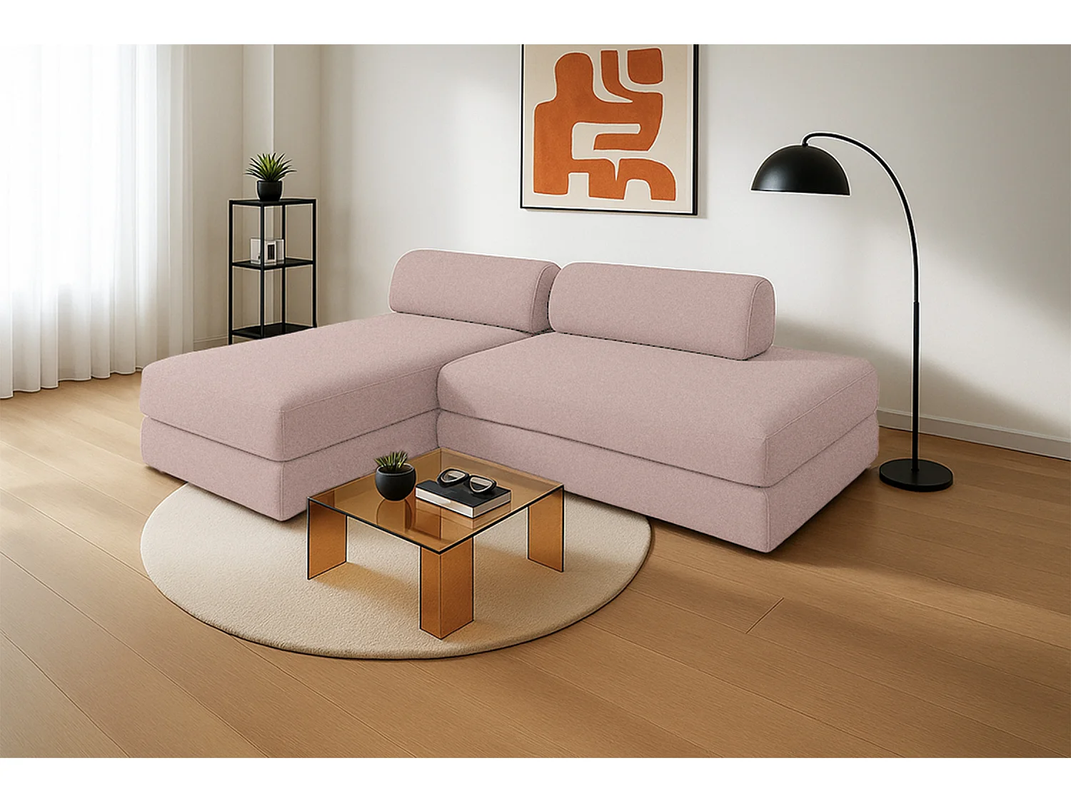 Canapé d'angle modulable et convertible 5 places - Tissu lisse - Rose