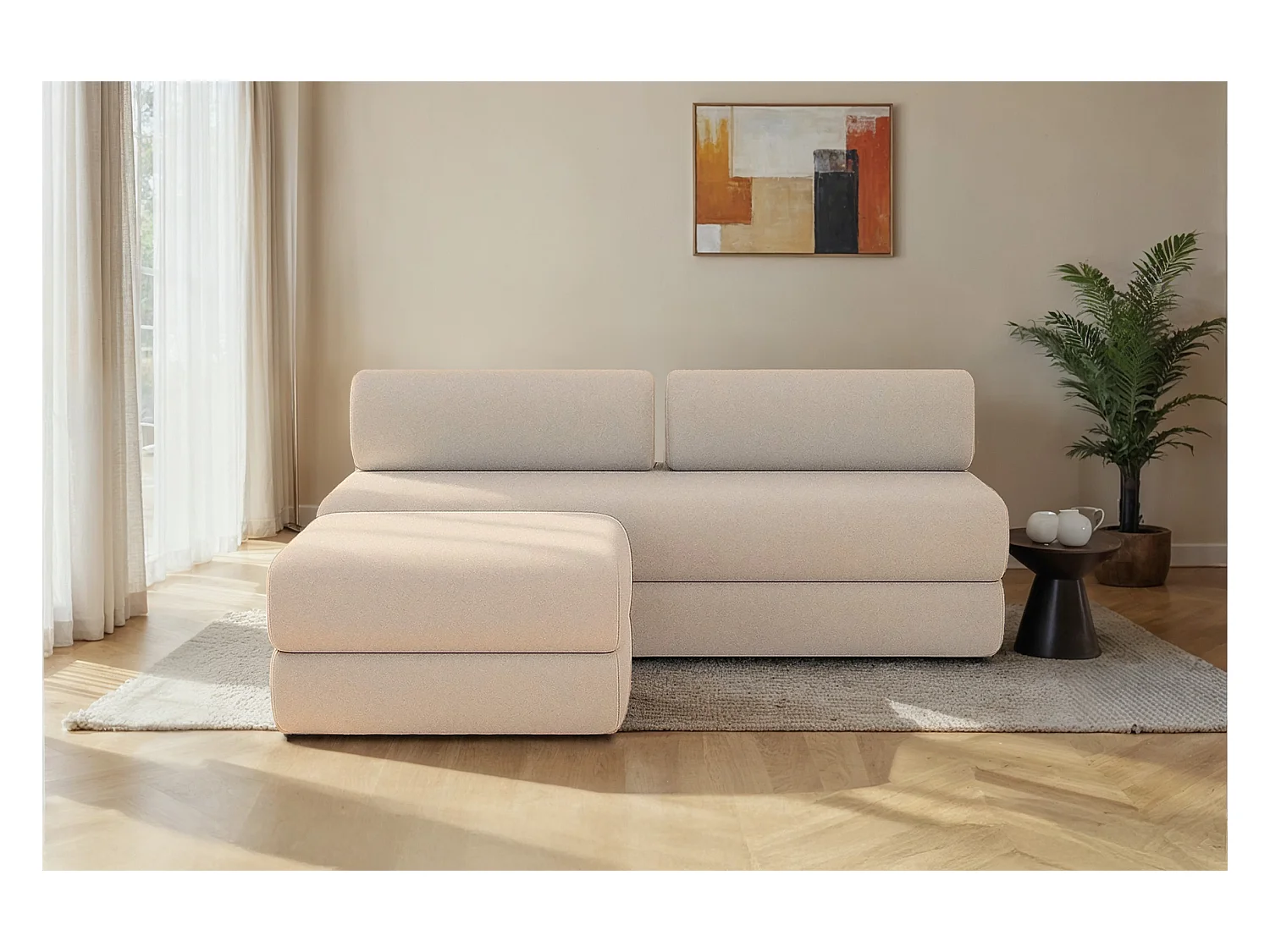 Canapé d'angle modulable et convertible 4 places - Tissu lisse - Beige