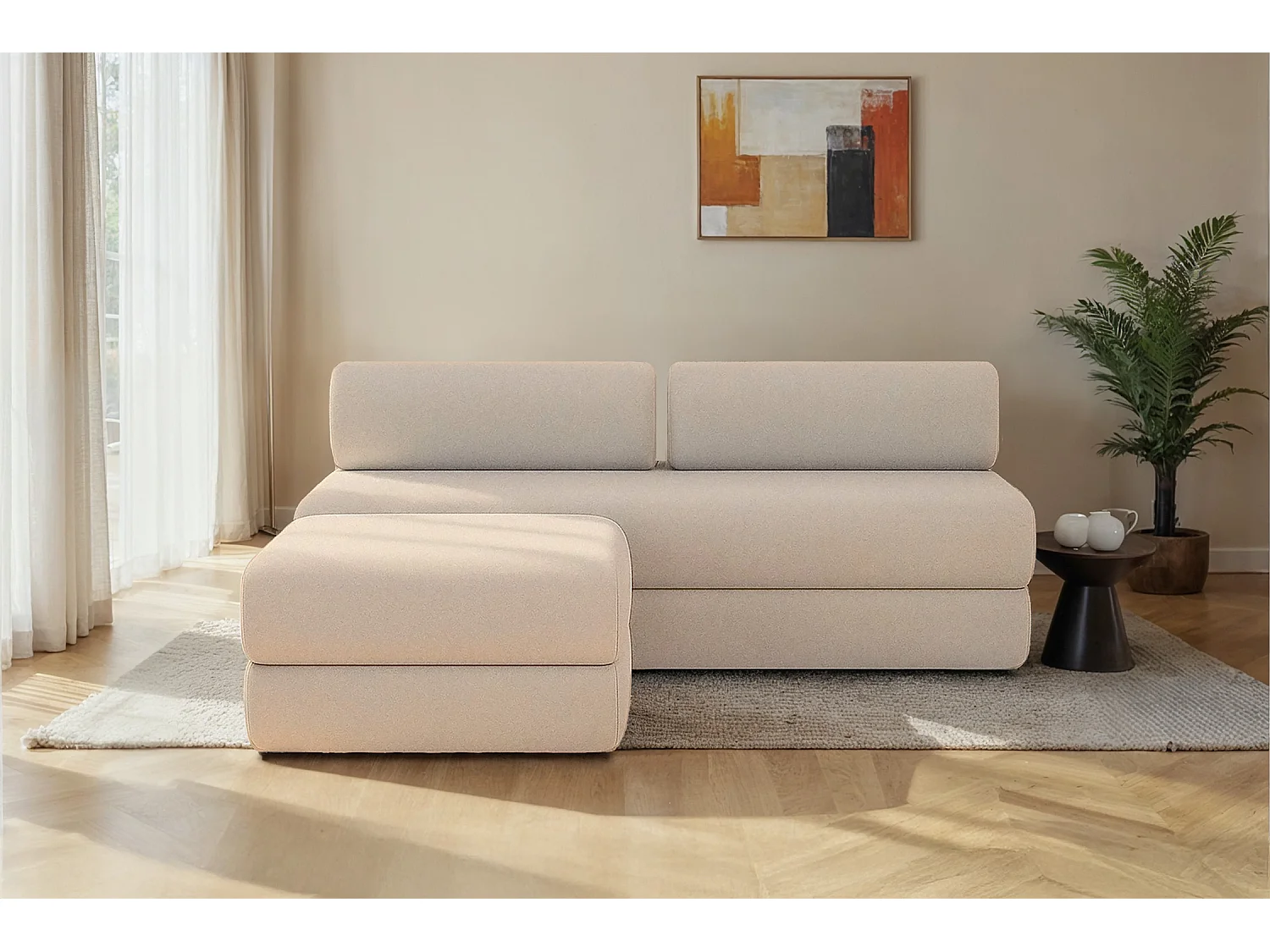 Canapé d'angle modulable et convertible 4 places - Tissu lisse - Beige