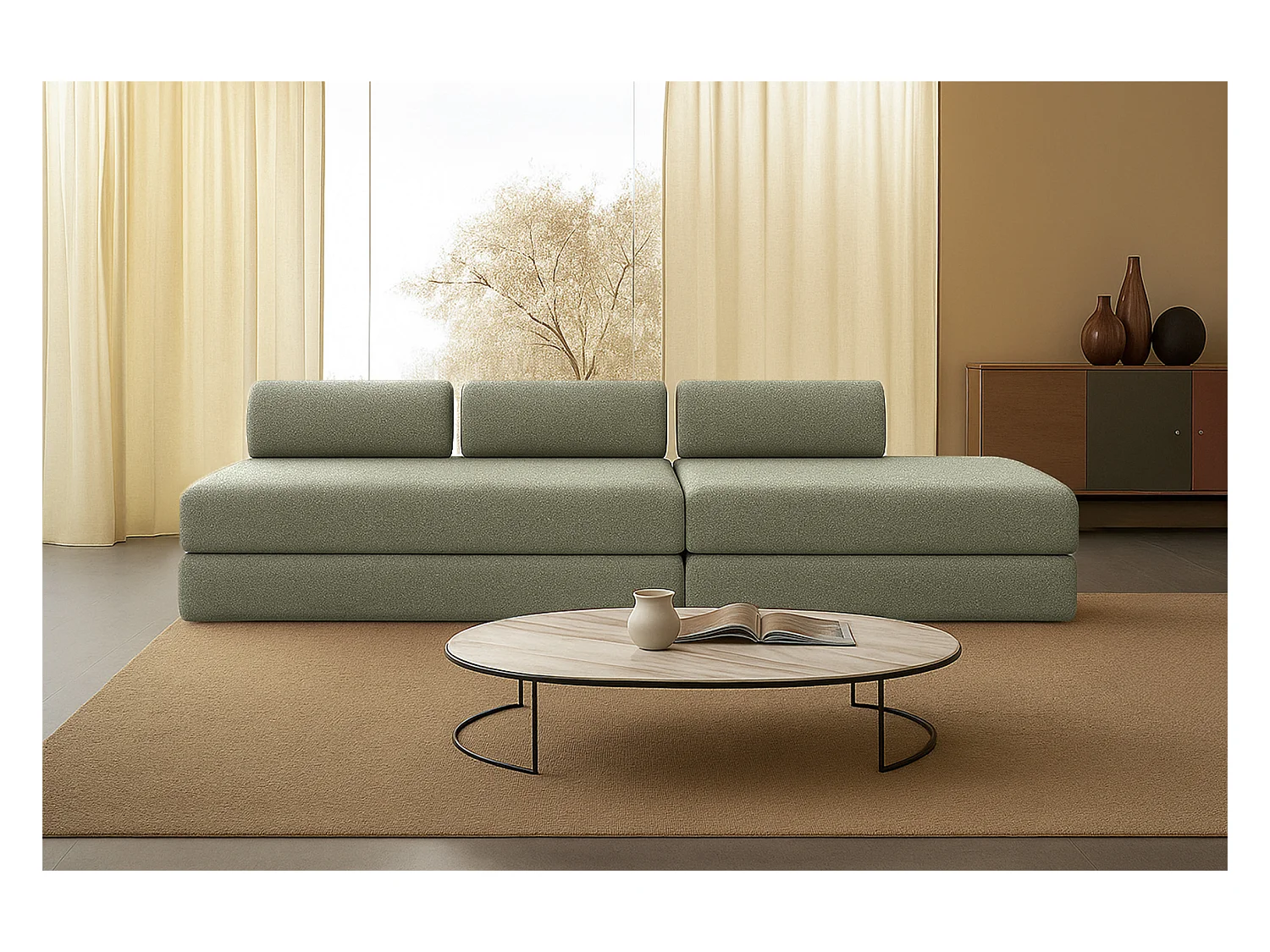 Canapé droit modulable et convertible 5 places - Tissu tweed - Vert