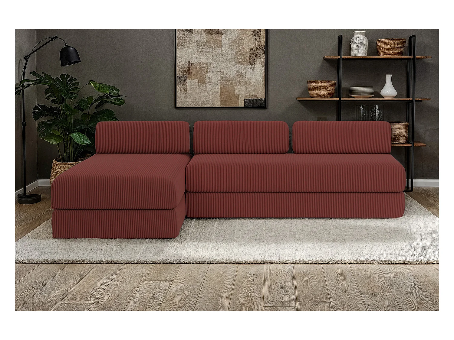 Canapé d'angle modulable et convertible 6 places - Velours côtelé - Rouge