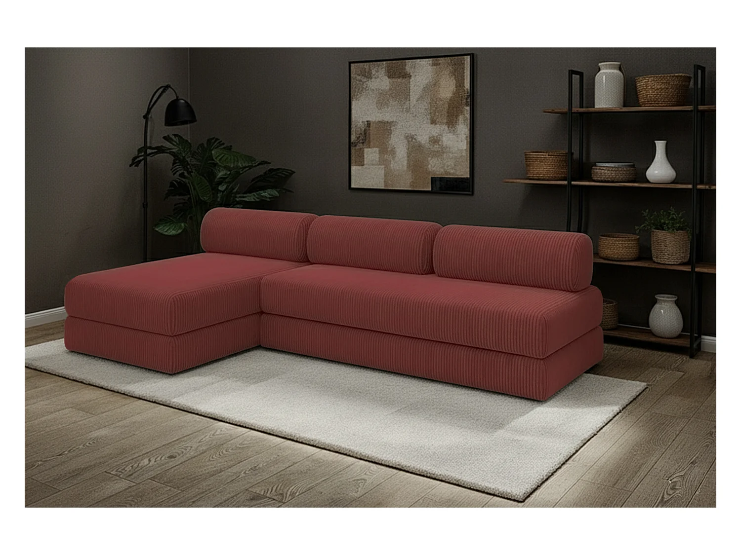 Canapé d'angle modulable et convertible 6 places - Velours côtelé - Rouge