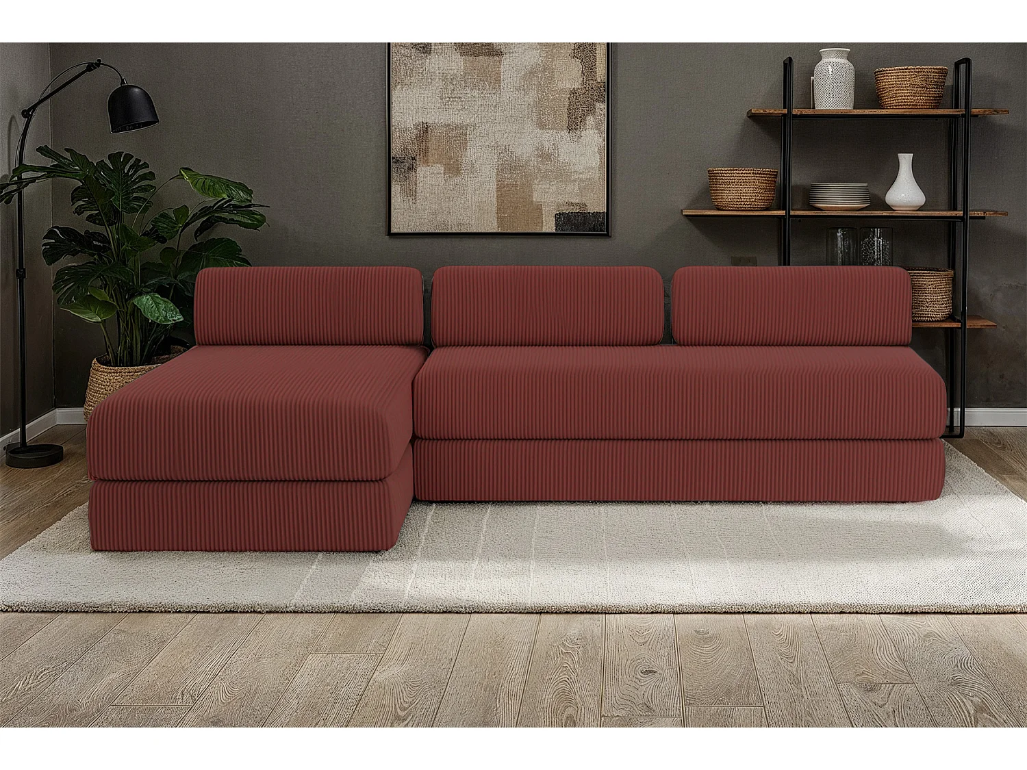 Canapé d'angle modulable et convertible 6 places - Velours côtelé - Rouge