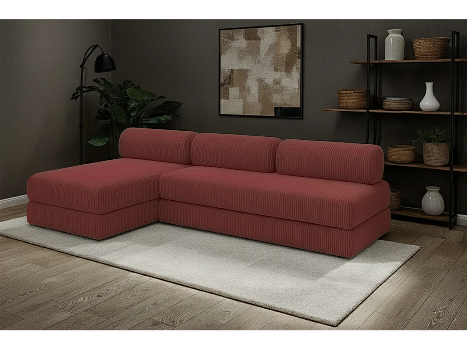 Canapé d'angle modulable et convertible 6 places - Velours côtelé - Rouge