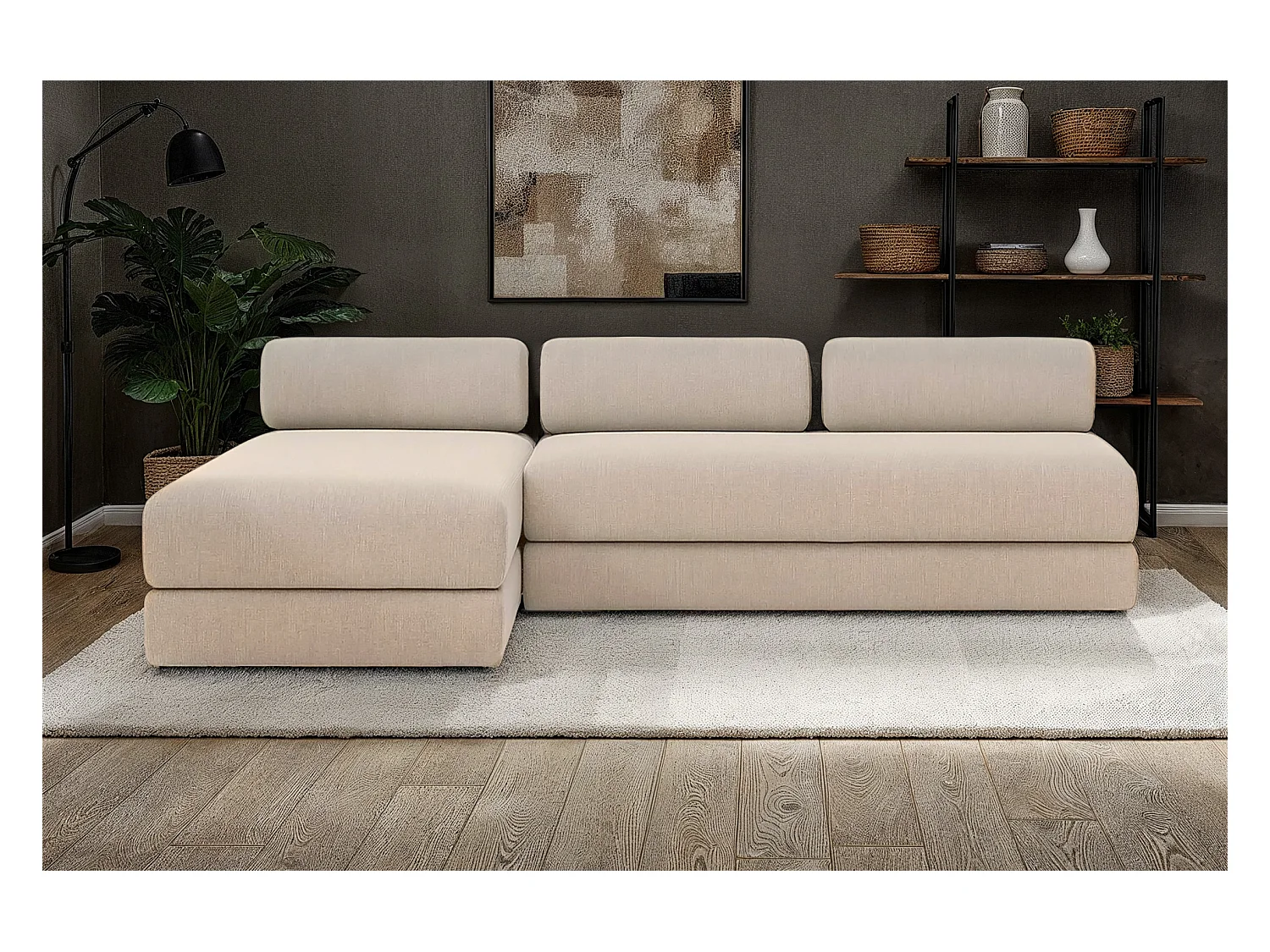 Canapé d'angle modulable et convertible 6 places - Tissu lisse - Beige