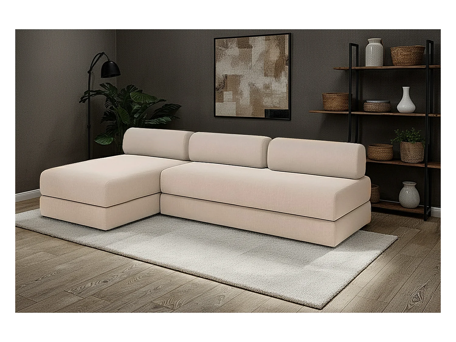 Canapé d'angle modulable et convertible 6 places - Tissu lisse - Beige