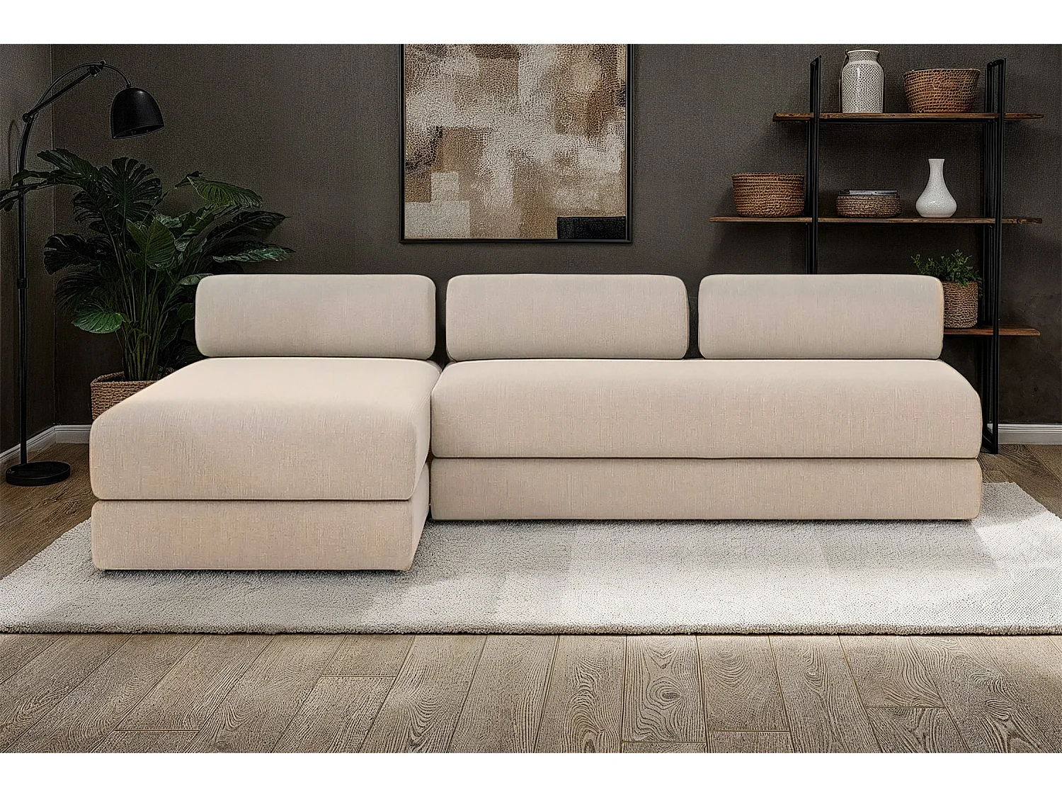 Canapé d'angle modulable et convertible 6 places - Tissu lisse - Beige