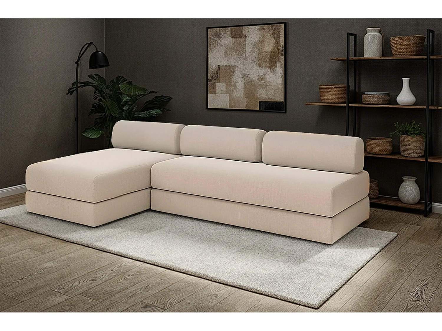 Canapé d'angle modulable et convertible 6 places - Tissu lisse - Beige