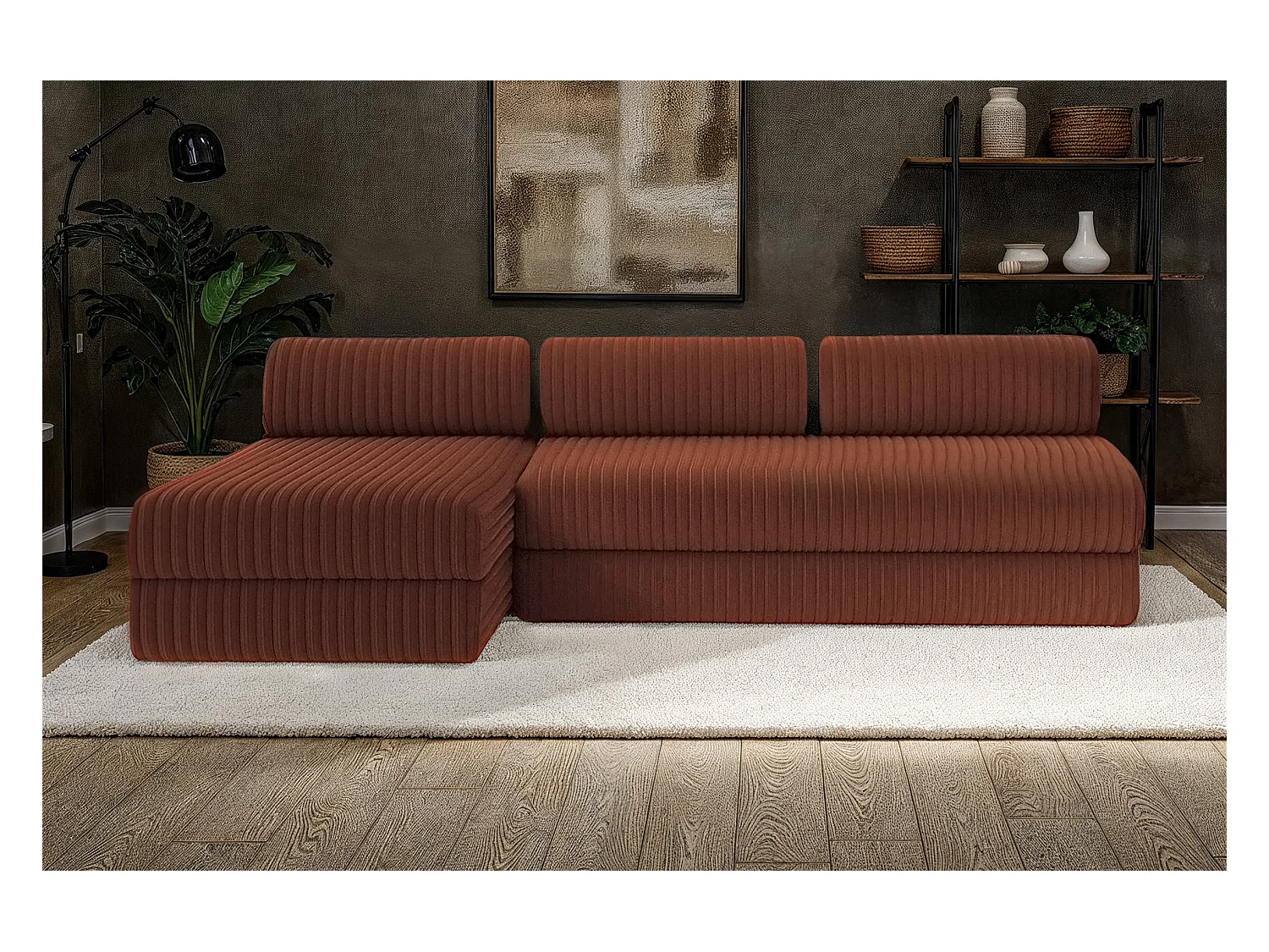 Canapé d'angle modulable et convertible 6 places - Velours côtelé XL - Terracotta