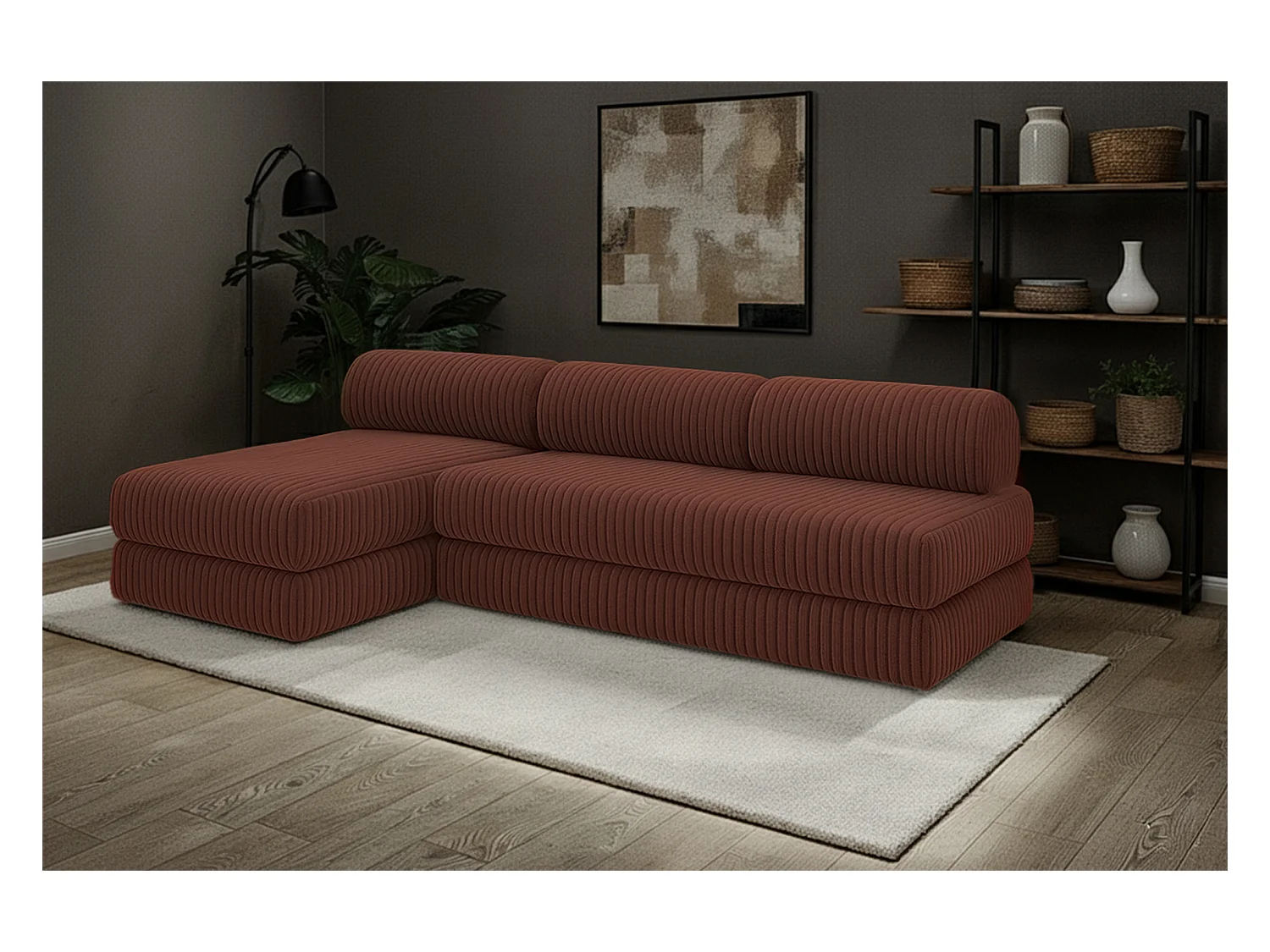 Canapé d'angle modulable et convertible 6 places - Velours côtelé XL - Terracotta