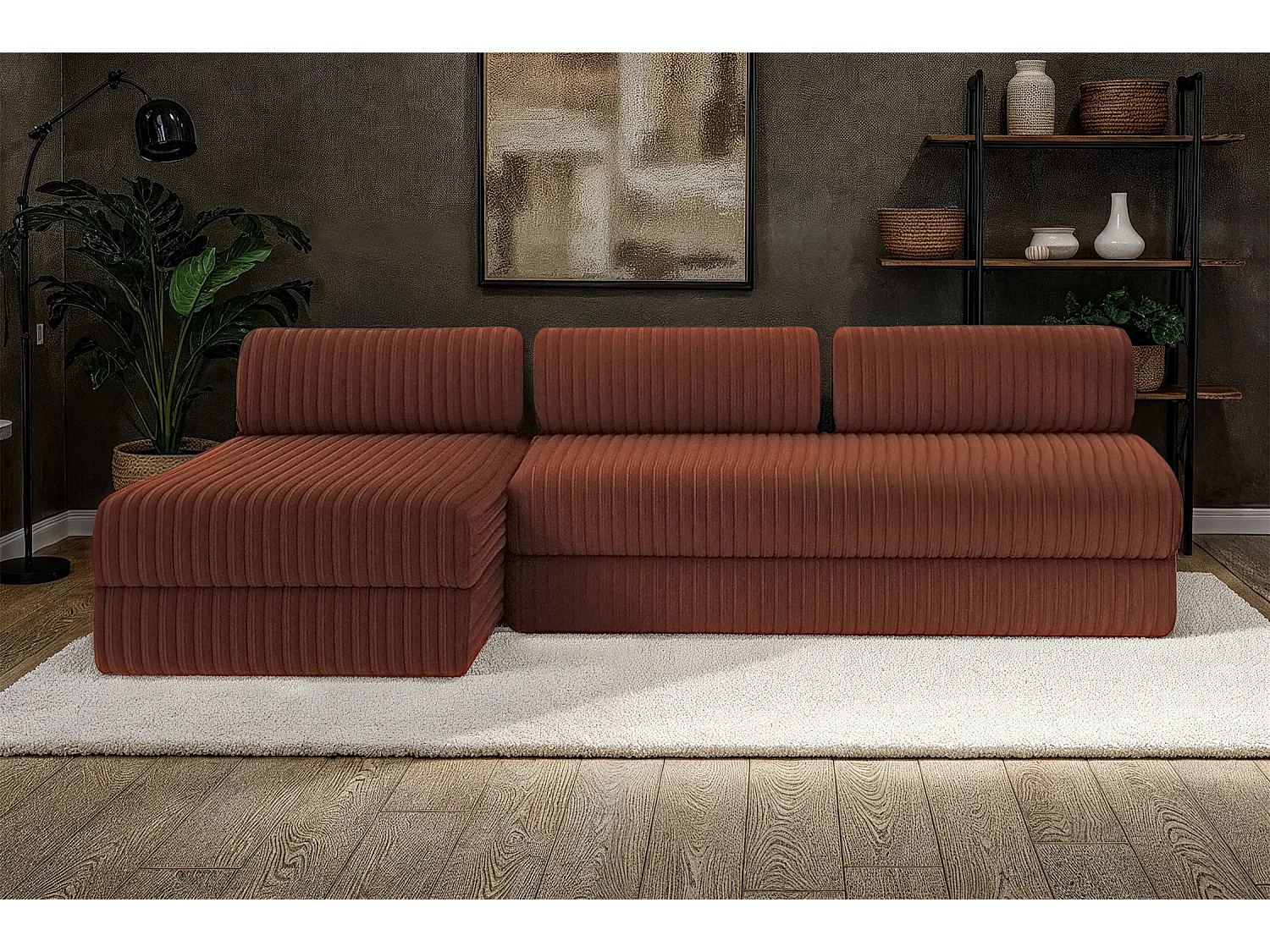 Canapé d'angle modulable et convertible 6 places - Velours côtelé XL - Terracotta