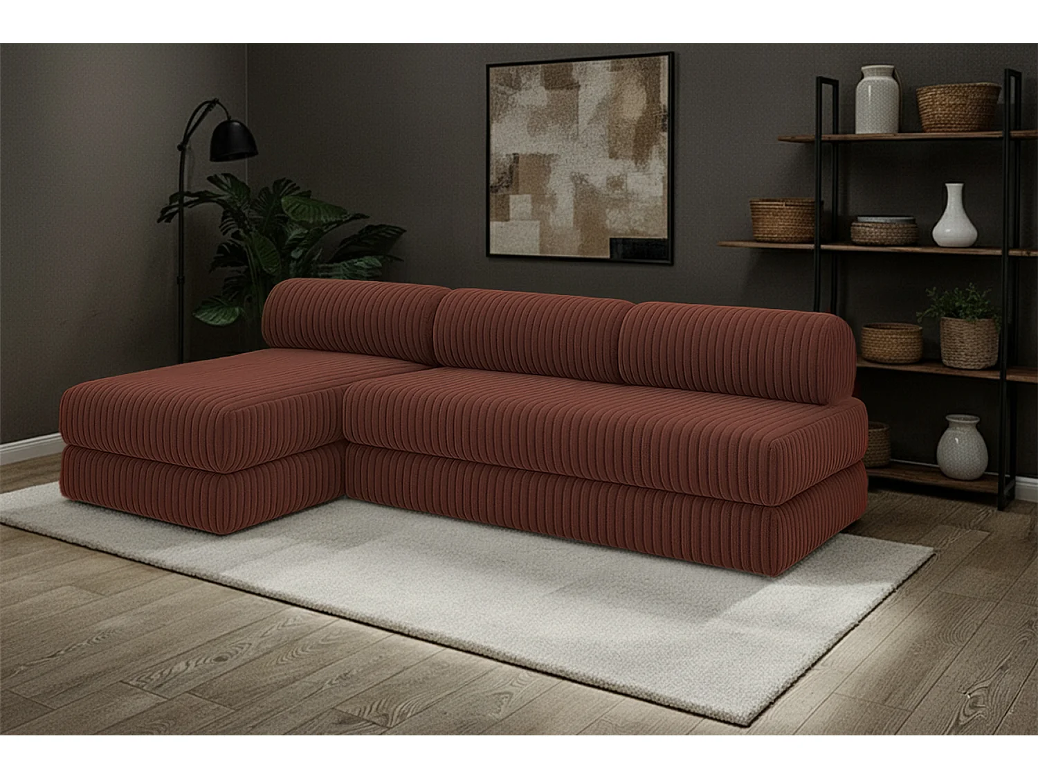 Canapé d'angle modulable et convertible 6 places - Velours côtelé XL - Terracotta