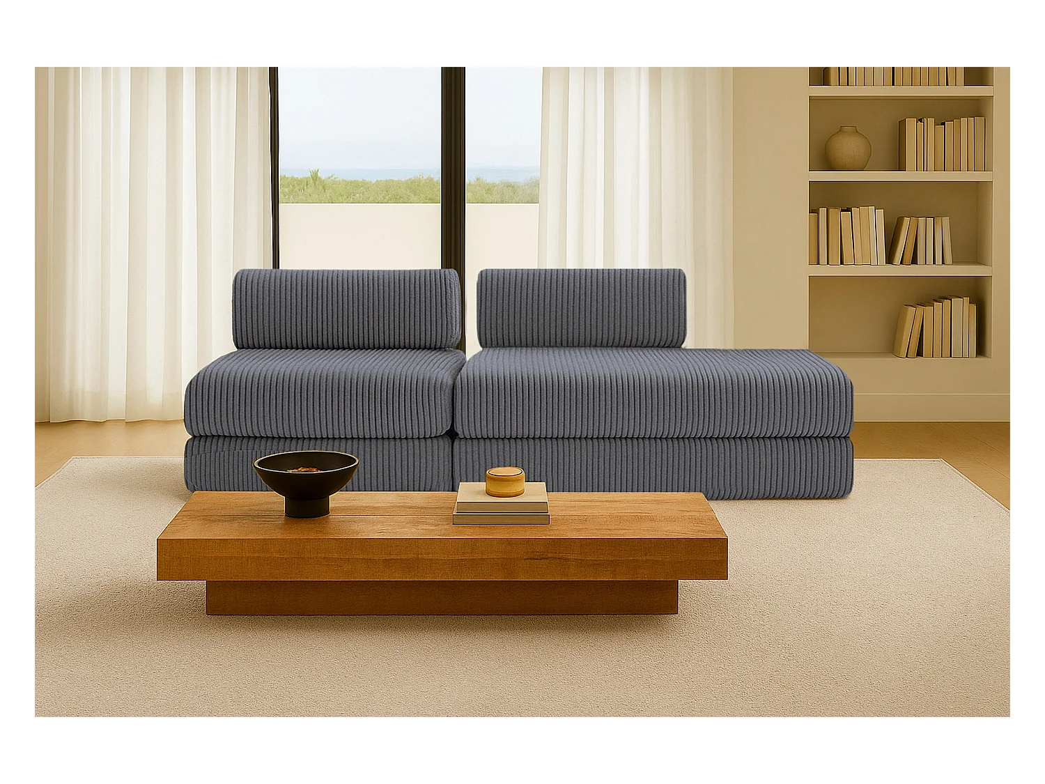 Canapé droit modulable et convertible 3 places - Velours côtelé XL - Gris