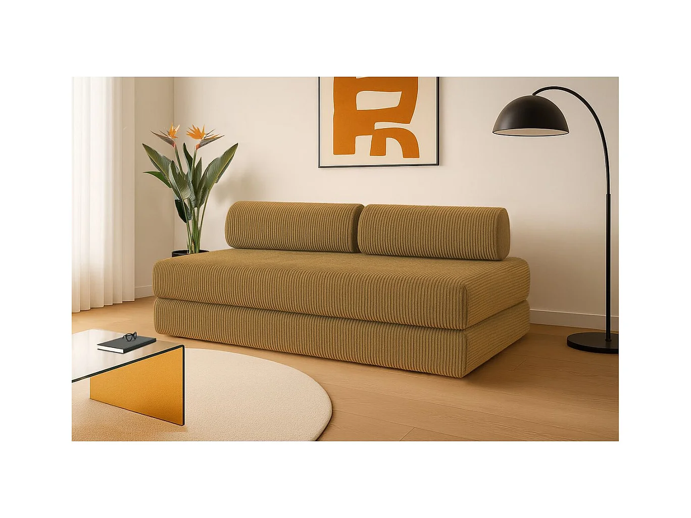 Canapé droit modulable et convertible 3 places - Velours côtelé - Jaune