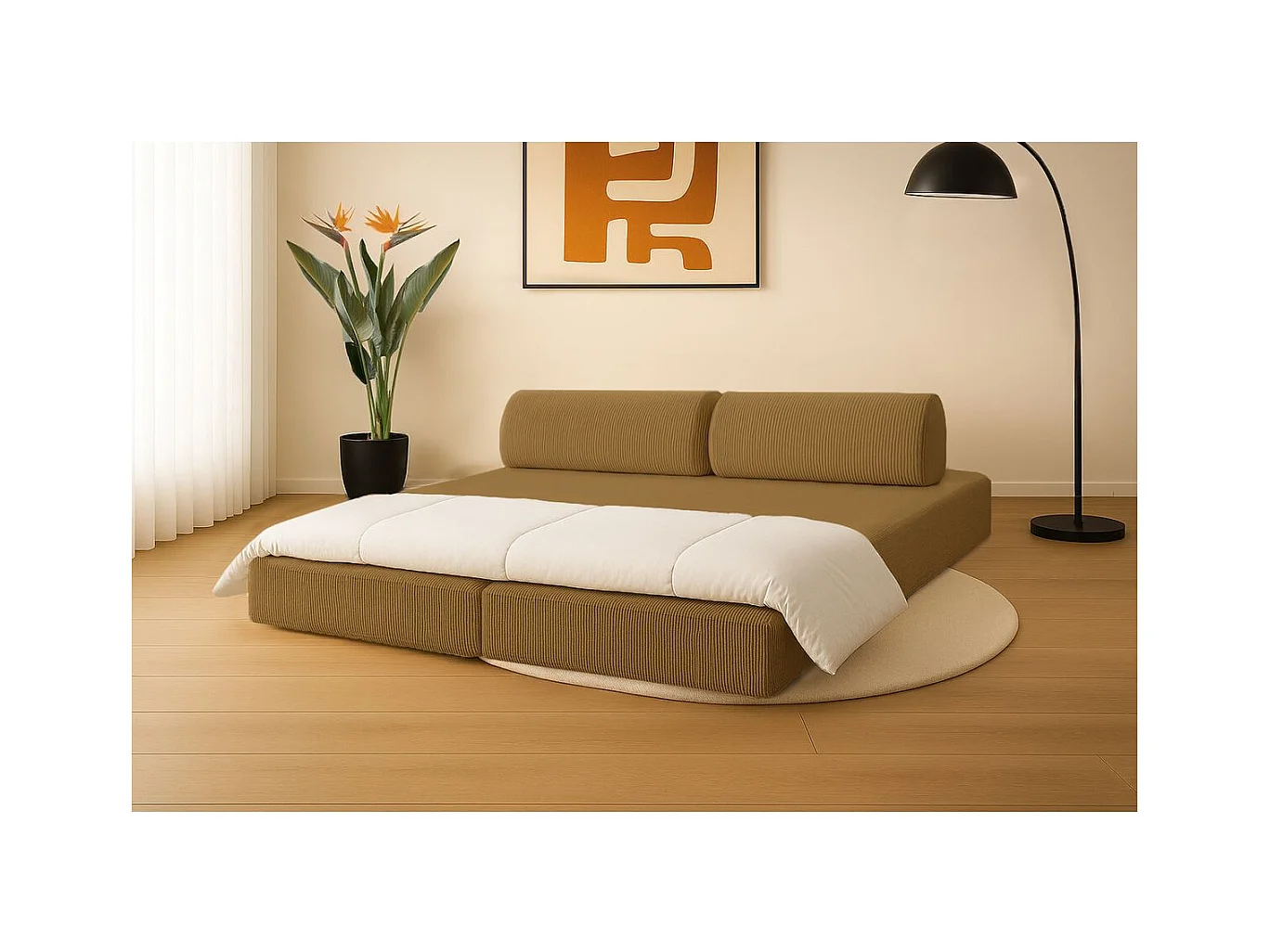 Canapé droit modulable et convertible 3 places - Velours côtelé - Jaune