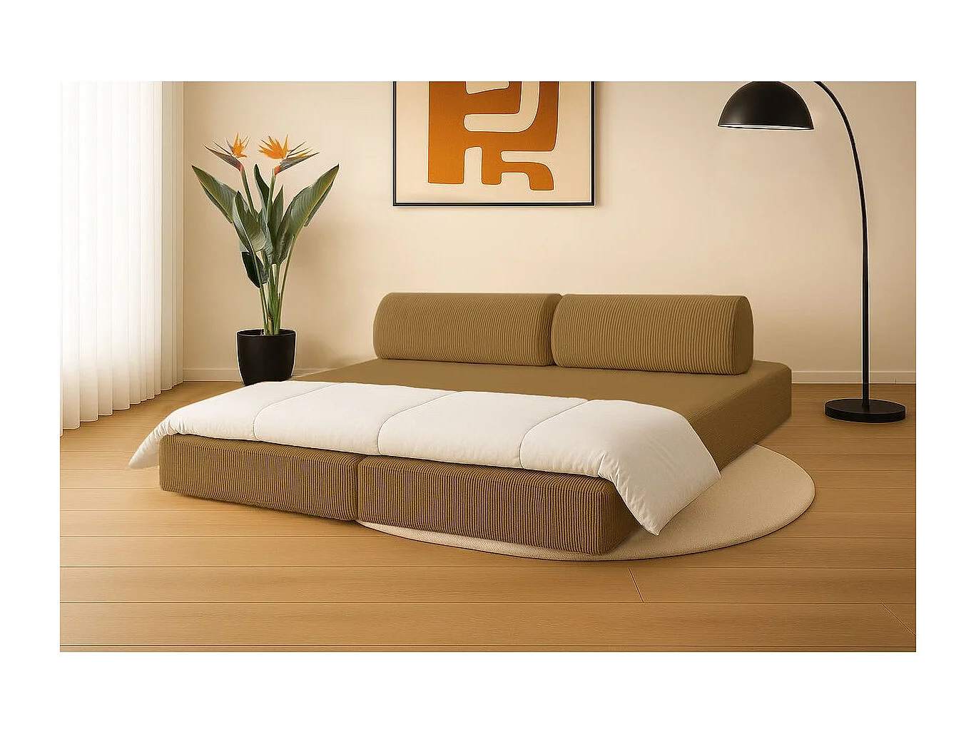 Canapé droit modulable et convertible 3 places - Velours côtelé - Jaune