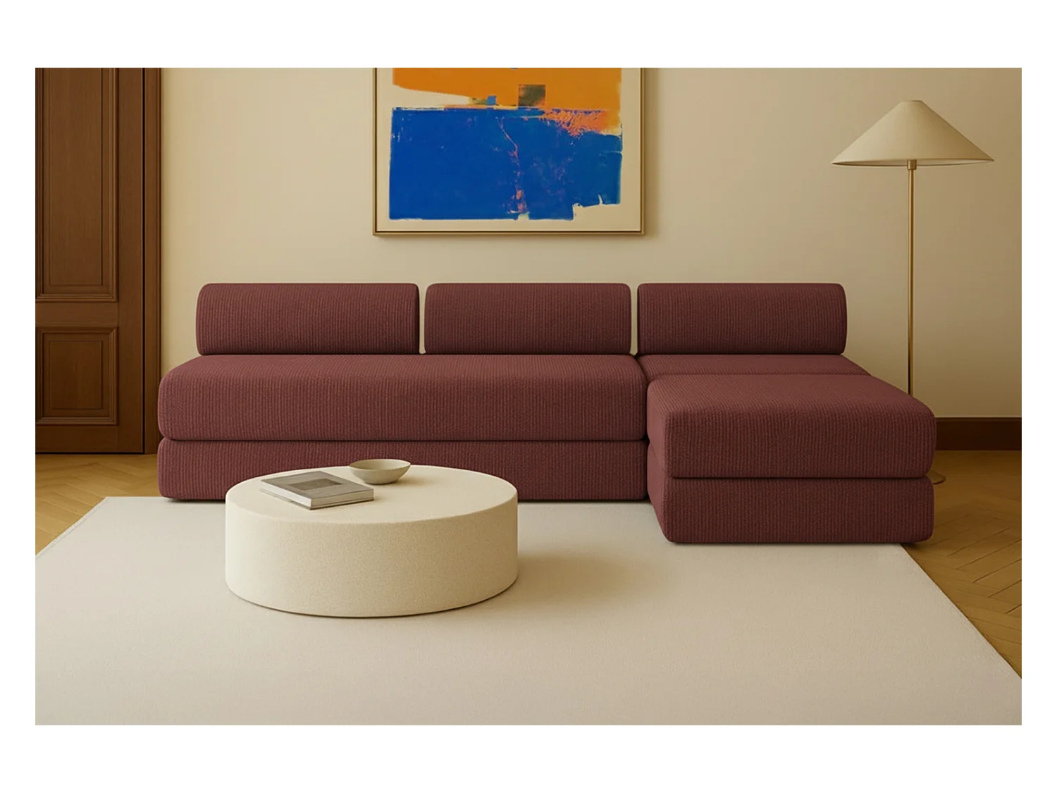 Canapé d'angle modulable et convertible 6 places - Velours côtelé - Rouge