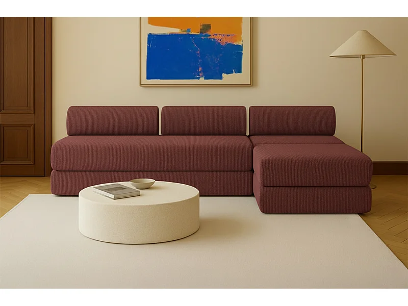 Canapé d'angle modulable et convertible 6 places - Velours côtelé - Rouge