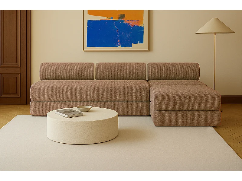 Canapé d'angle modulable et convertible 6 places - Tissu tweed - Marron