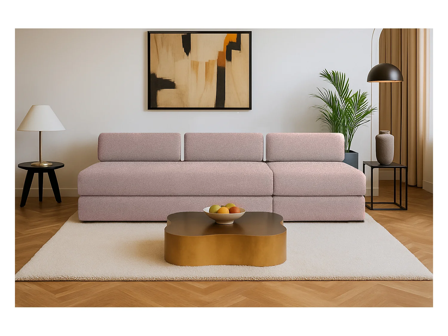 Canapé droit modulable et convertible 4 places - Tissu lisse - Rose