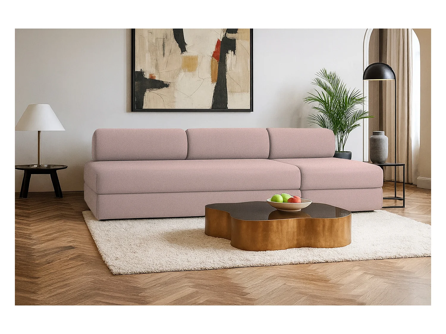 Canapé droit modulable et convertible 4 places - Tissu lisse - Rose
