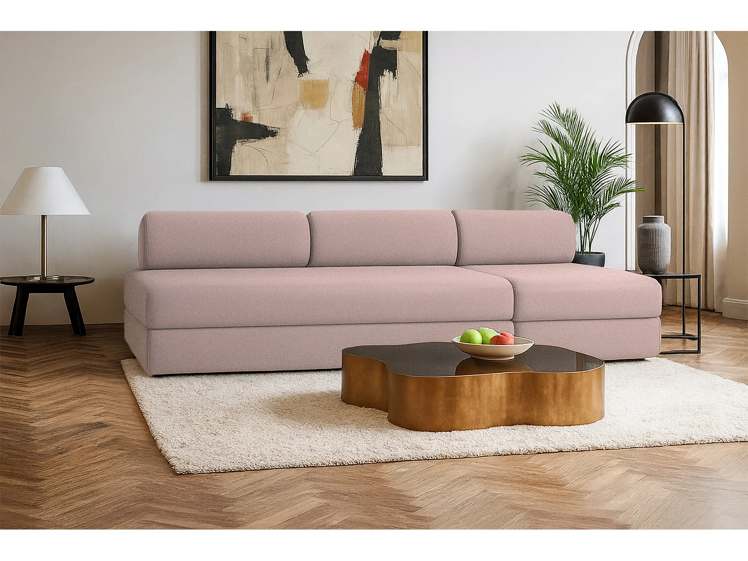 Canapé droit modulable et convertible 4 places - Tissu lisse - Rose