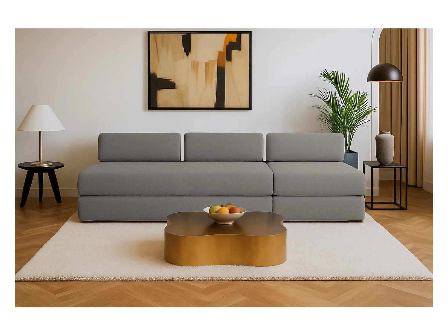 Canapé droit modulable et convertible 4 places - Tissu lisse - Gris