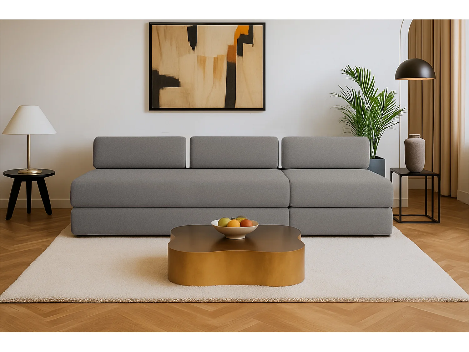 Canapé droit modulable et convertible 4 places - Tissu lisse - Gris