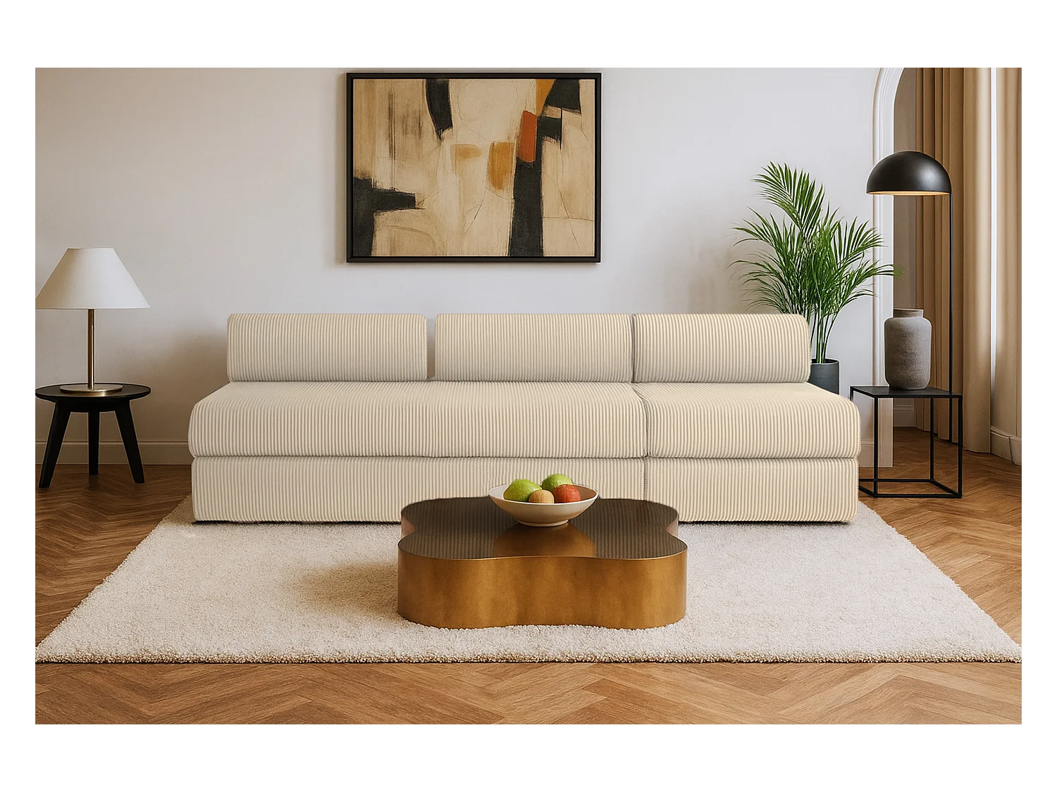 Canapé droit modulable et convertible 4 places - Velours côtelé - Beige