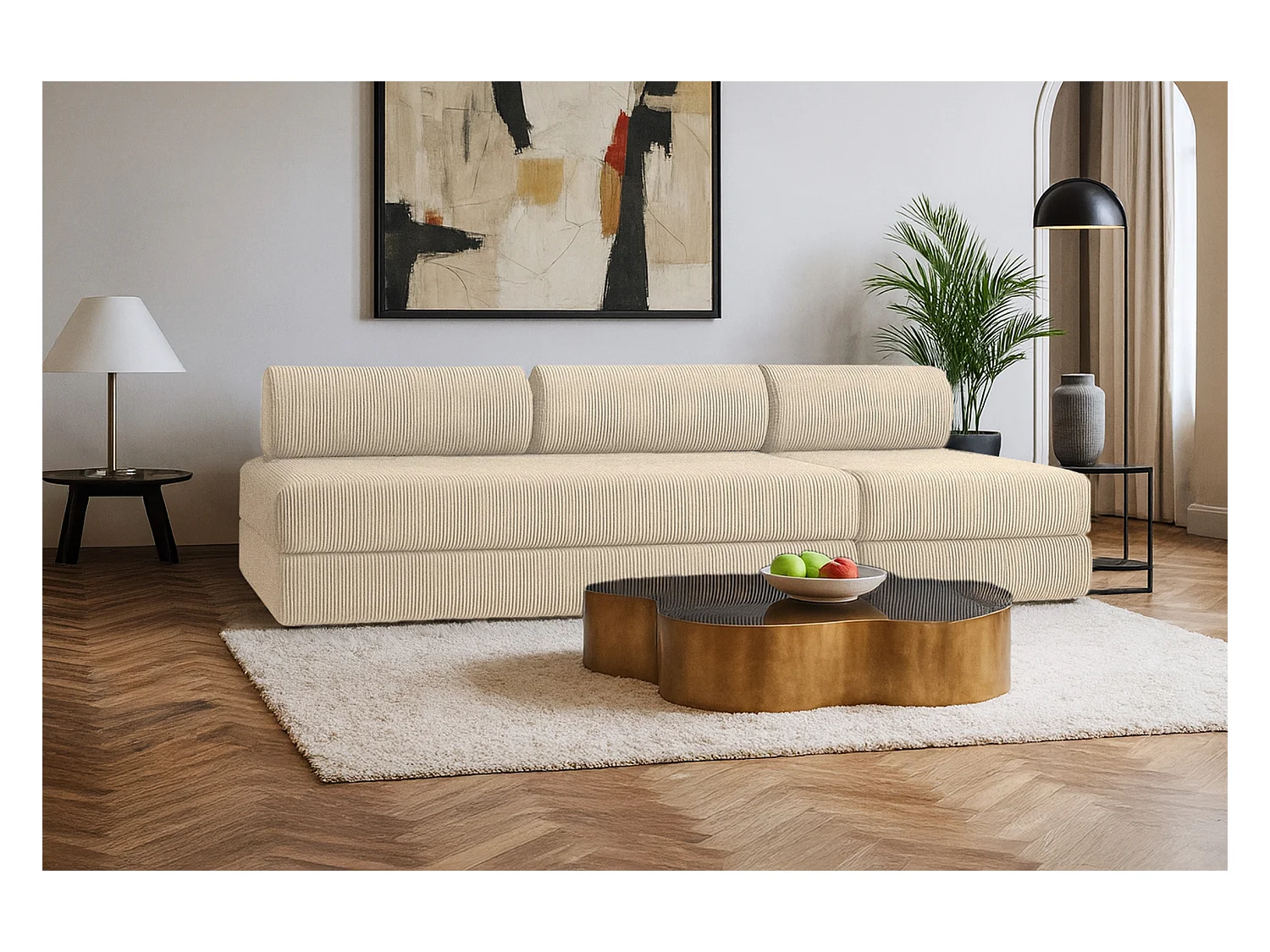 Canapé droit modulable et convertible 4 places - Velours côtelé - Beige