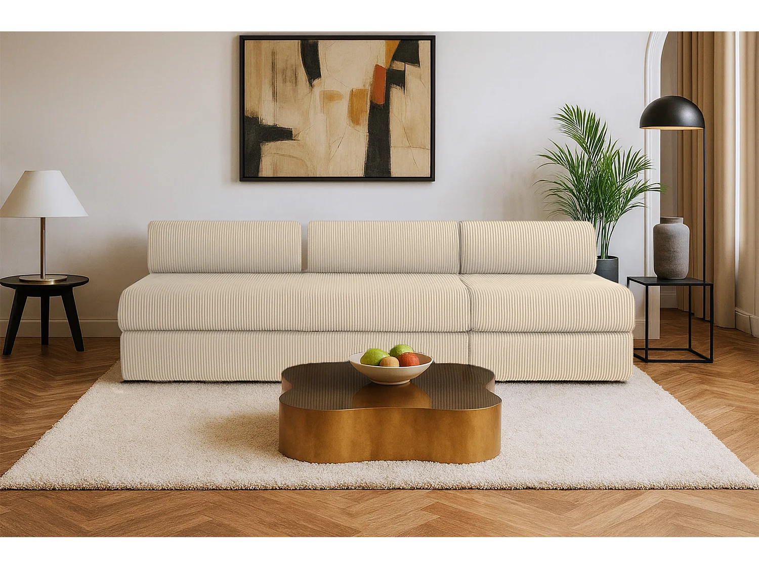 Canapé droit modulable et convertible 4 places - Velours côtelé - Beige