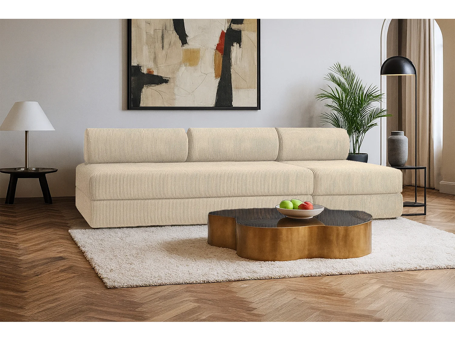 Canapé droit modulable et convertible 4 places - Velours côtelé - Beige