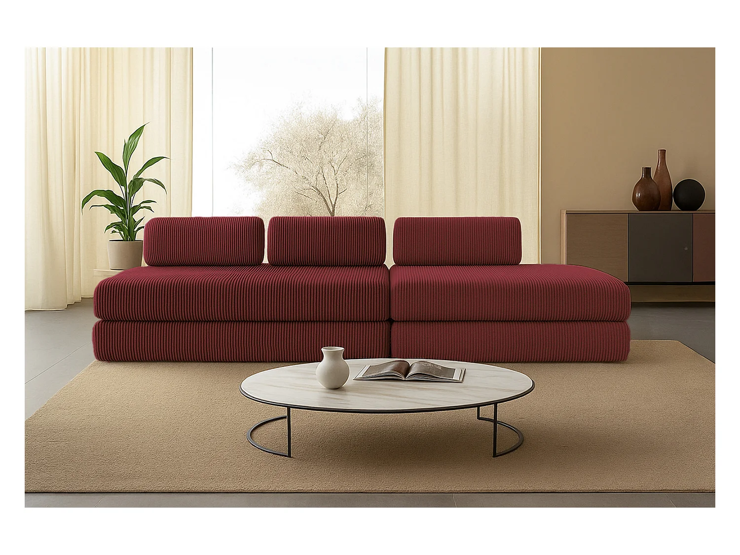 Canapé droit modulable et convertible 5 places - Velours côtelé - Rouge