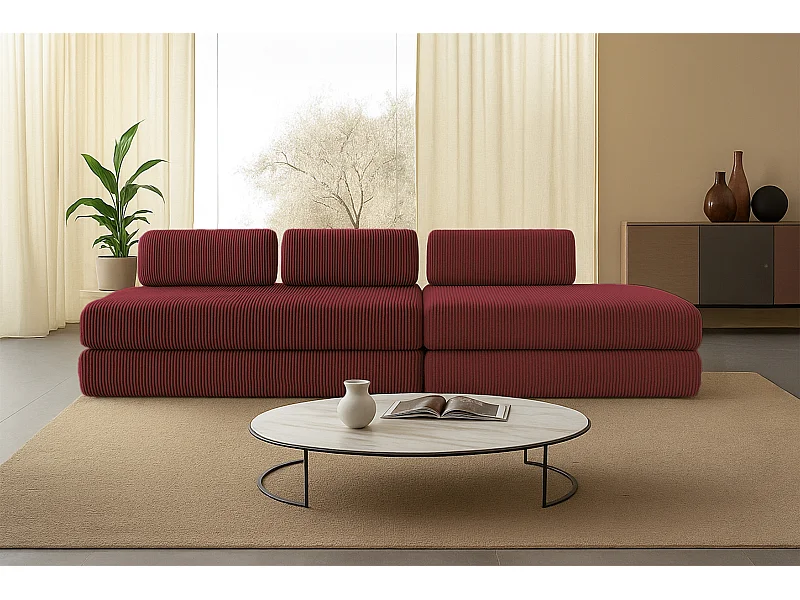 Canapé droit modulable et convertible 5 places - Velours côtelé - Rouge
