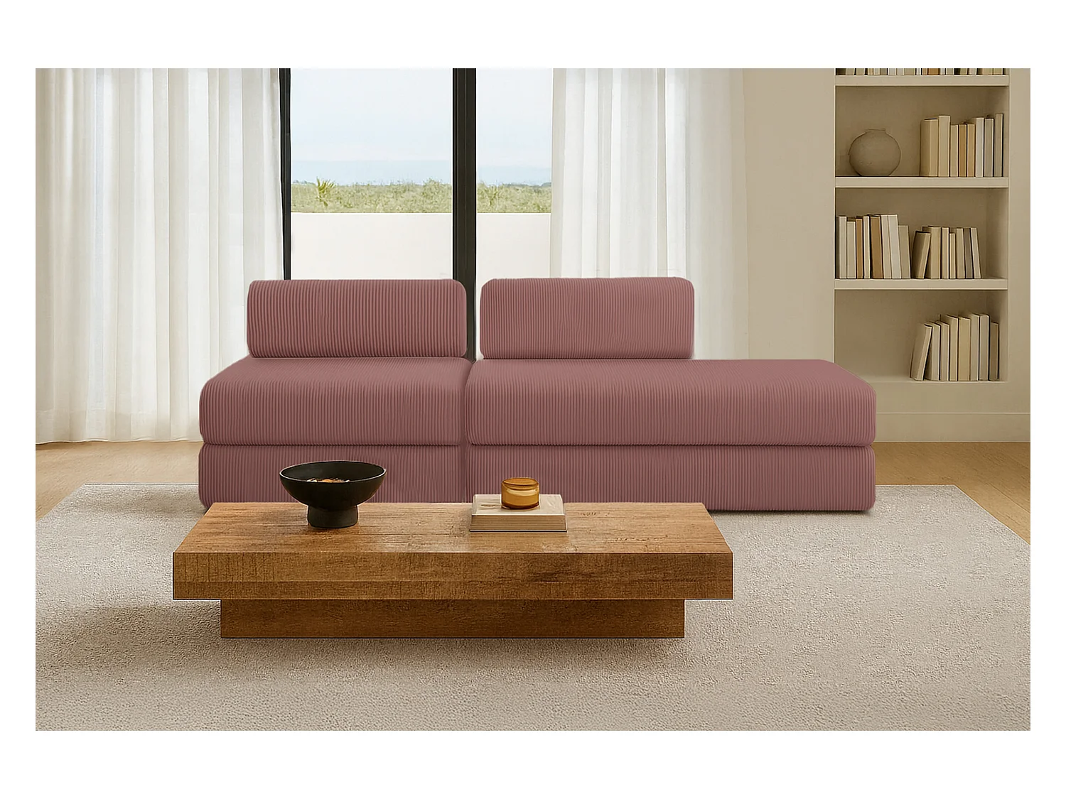 Canapé droit modulable et convertible 3 places - Velours côtelé - Rose