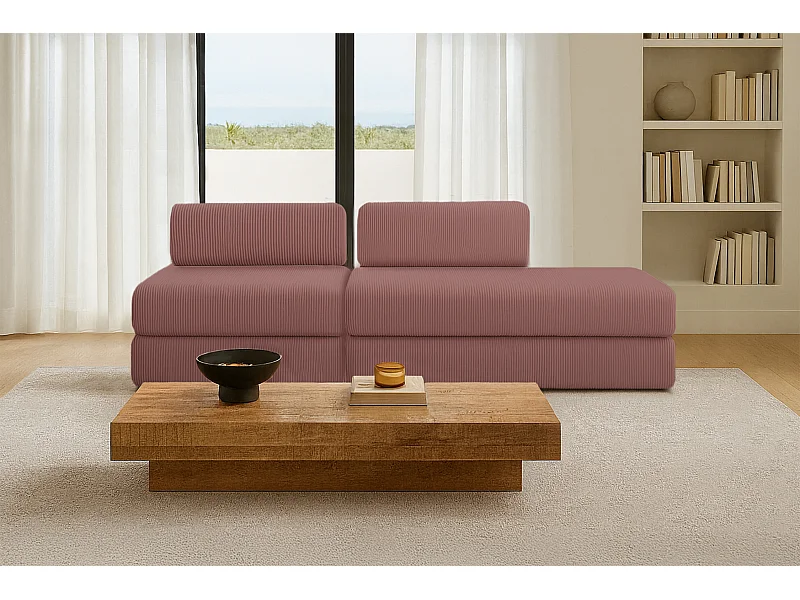 Canapé droit modulable et convertible 3 places - Velours côtelé - Rose