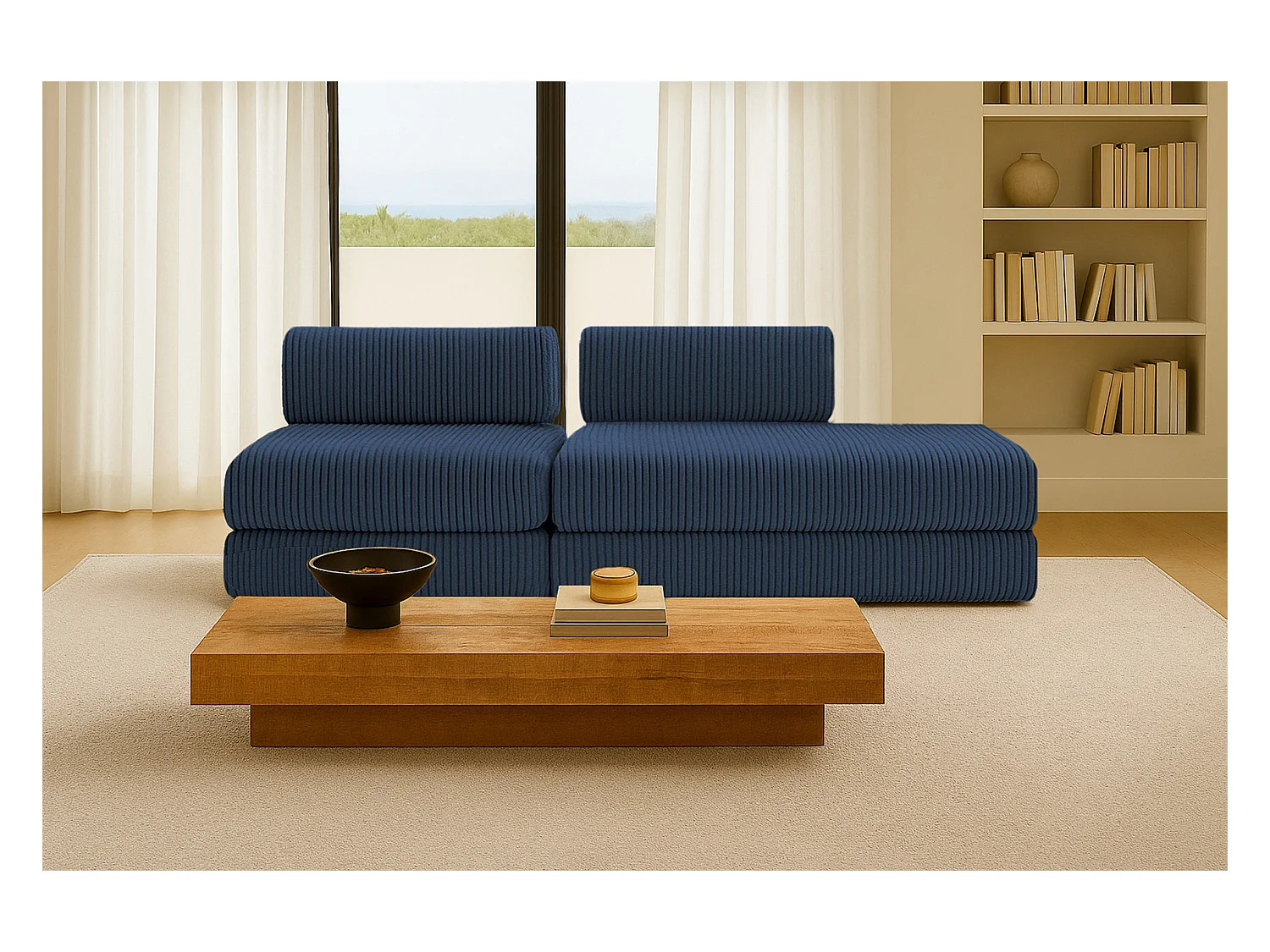 Canapé droit modulable et convertible 3 places - Velours côtelé XL - Bleu