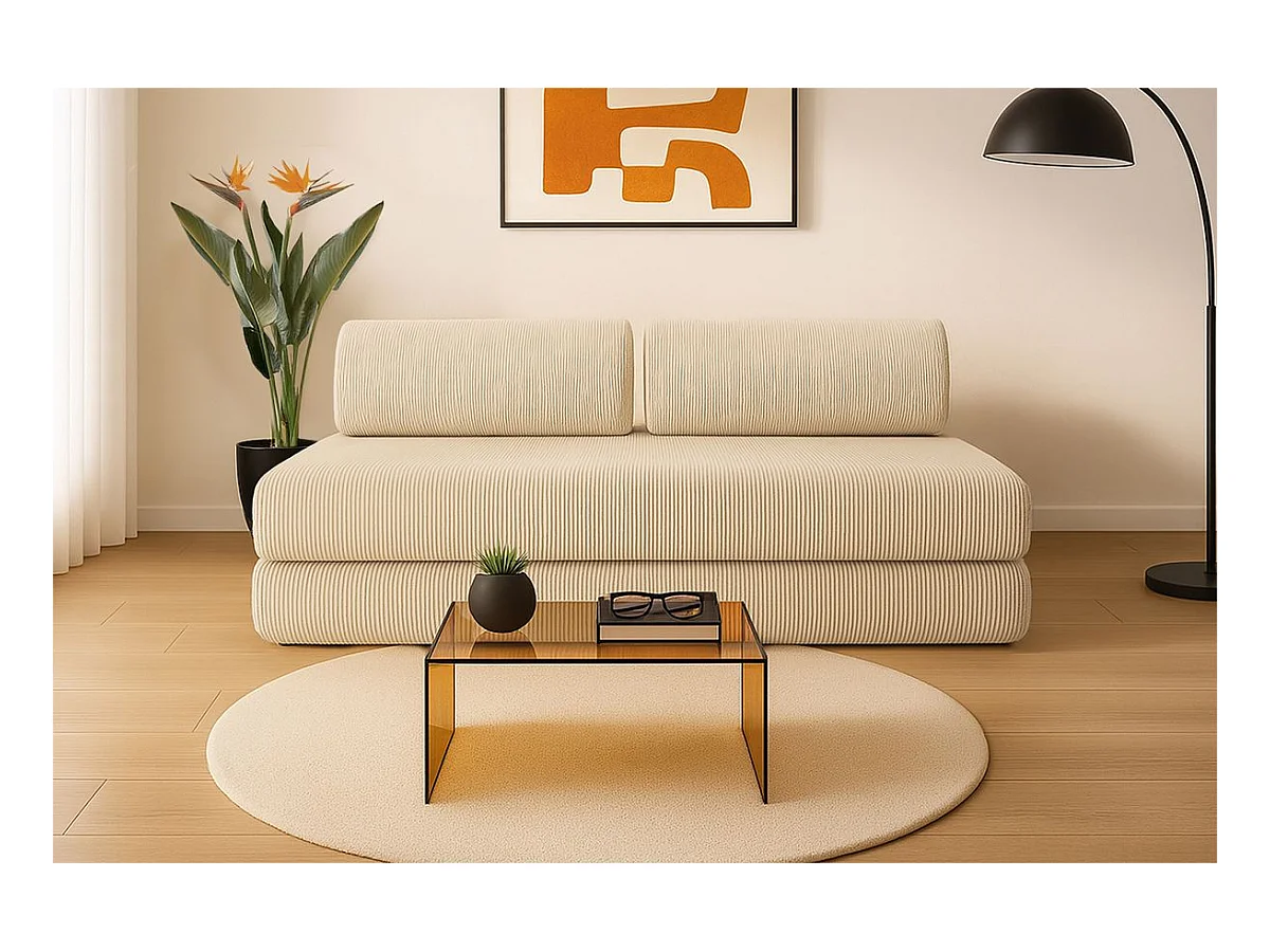 Canapé droit modulable et convertible 3 places - Velours côtelé - Beige