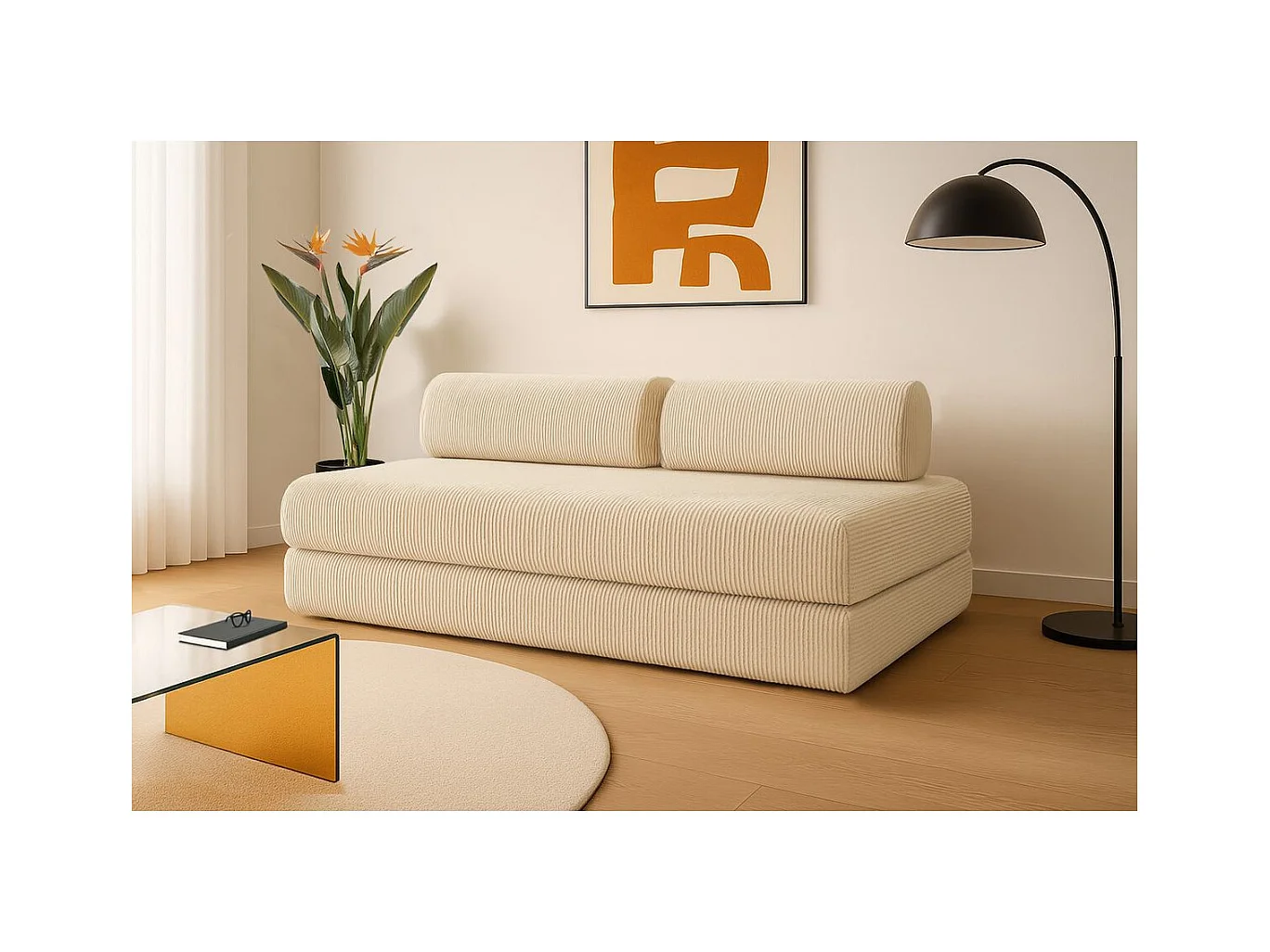 Canapé droit modulable et convertible 3 places - Velours côtelé - Beige