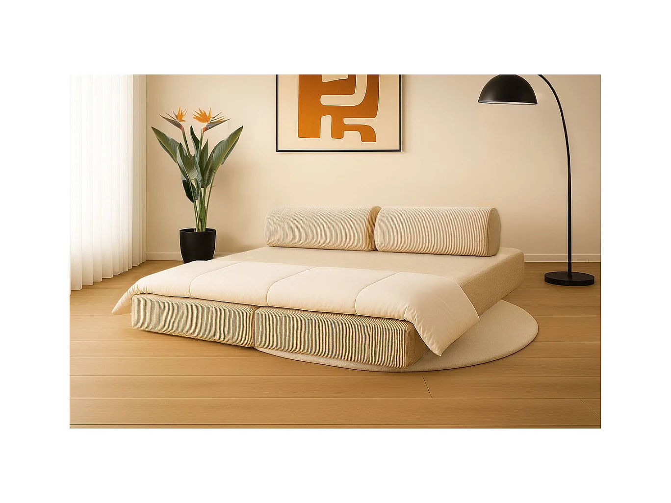 Canapé droit modulable et convertible 3 places - Velours côtelé - Beige