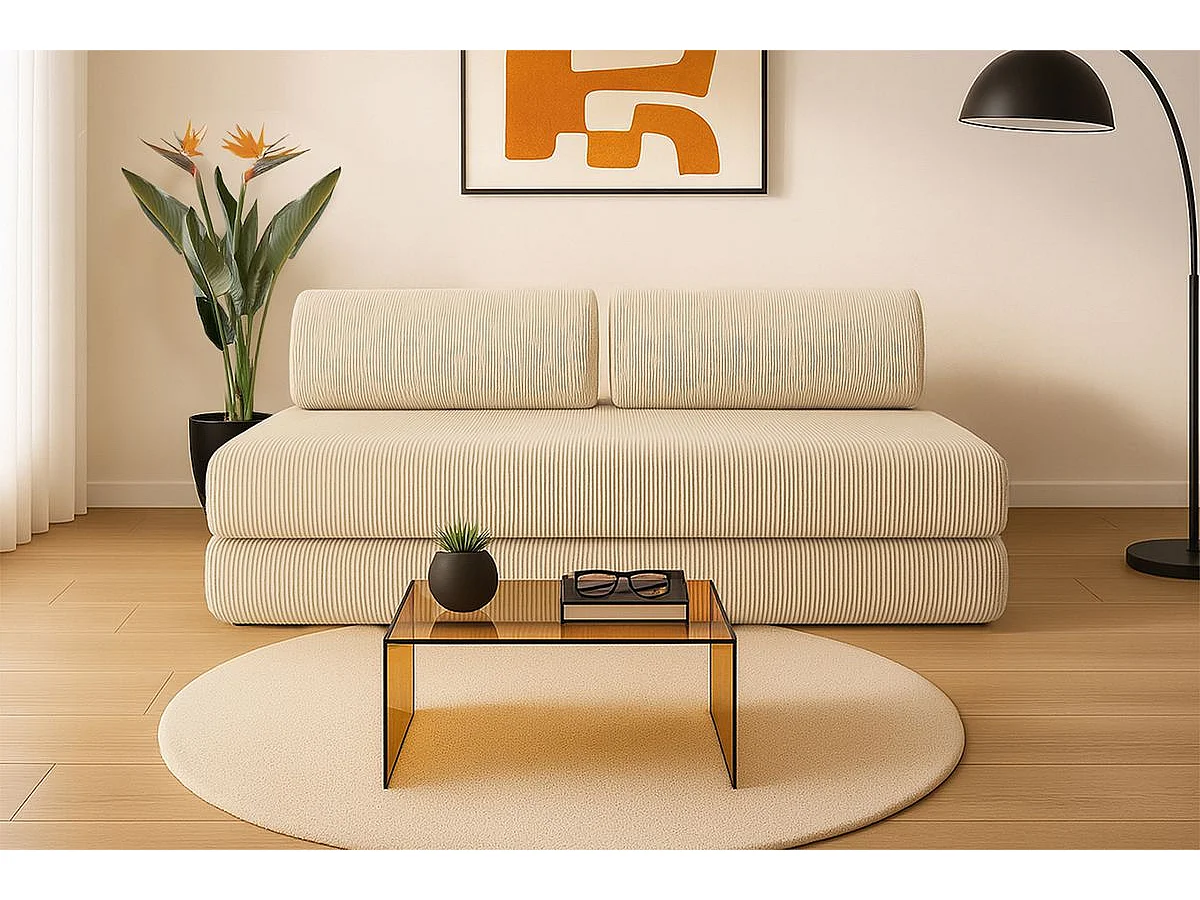 Canapé droit modulable et convertible 3 places - Velours côtelé - Beige