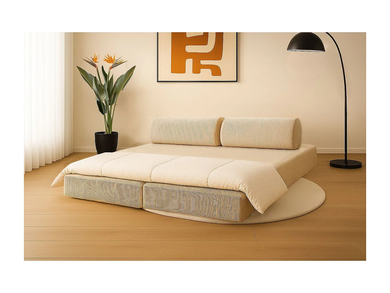 Canapé droit modulable et convertible 3 places - Velours côtelé - Beige